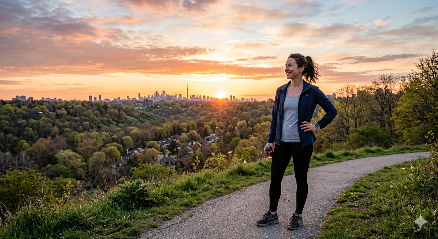 Resident enjoying the ravine trails with Toronto skyline at sunset